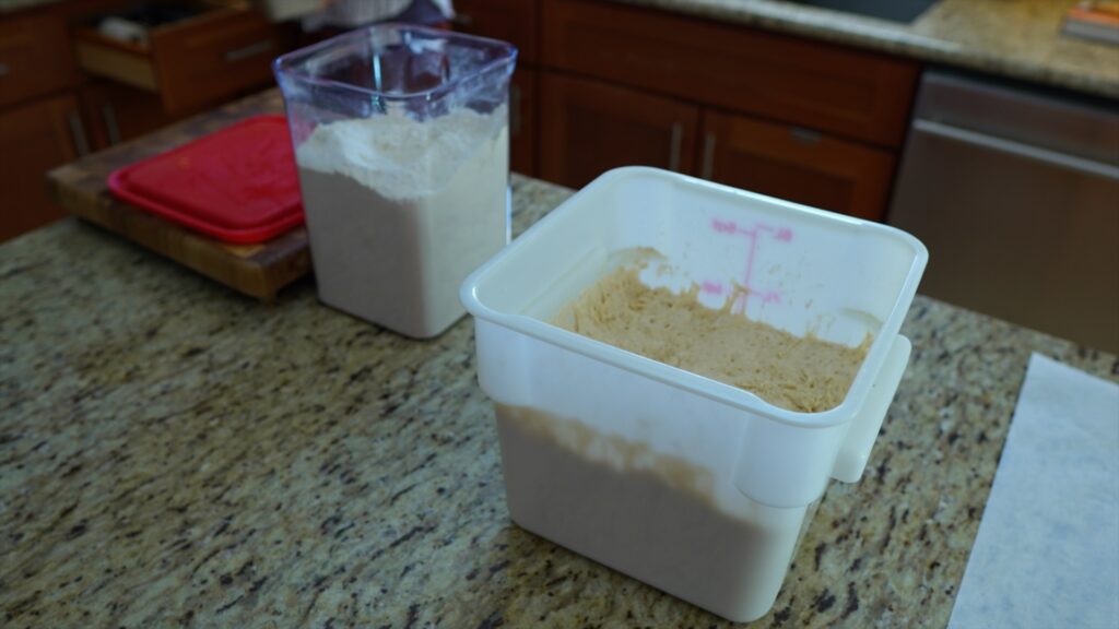 container of flour next to a cambro container full of rising dough

